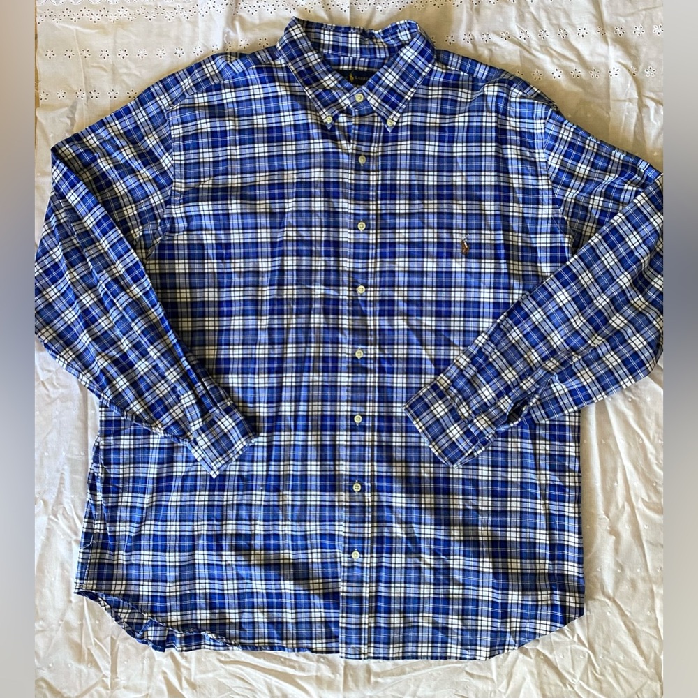 🇺🇸SOLD🇺🇸 Ralph Lauren Mens 2XB Shirt Button Down Blue Plaid Cotton 2XG